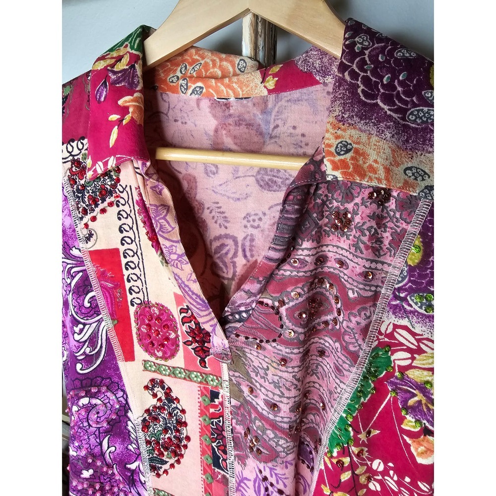 Patchwork Pattern Shirt With Sequence V- Neck Lad… - image 4